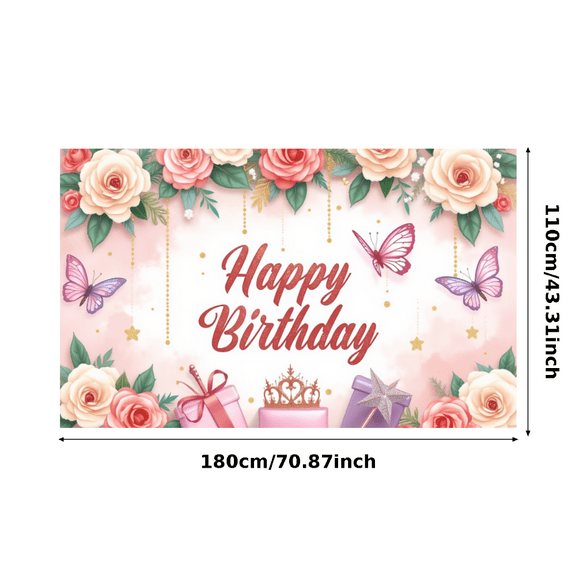 Decorative Design Happy Birthday Banner Floral Theme Gift Elements Butterfly Decorations for Birthday Party Celebration Indoor Decoration