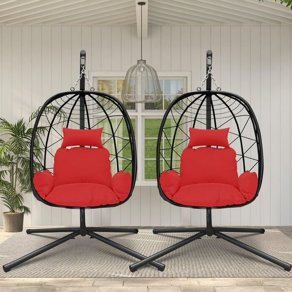 PAPROOS 2PCS Wicker Egg Chair, Indoor Outdoor Swing Chair with Stand and Removable Cushion, All-Weather Rattan Hanging Basket Chair Hammock Chair for Patio Balcony Porch Garden, Red