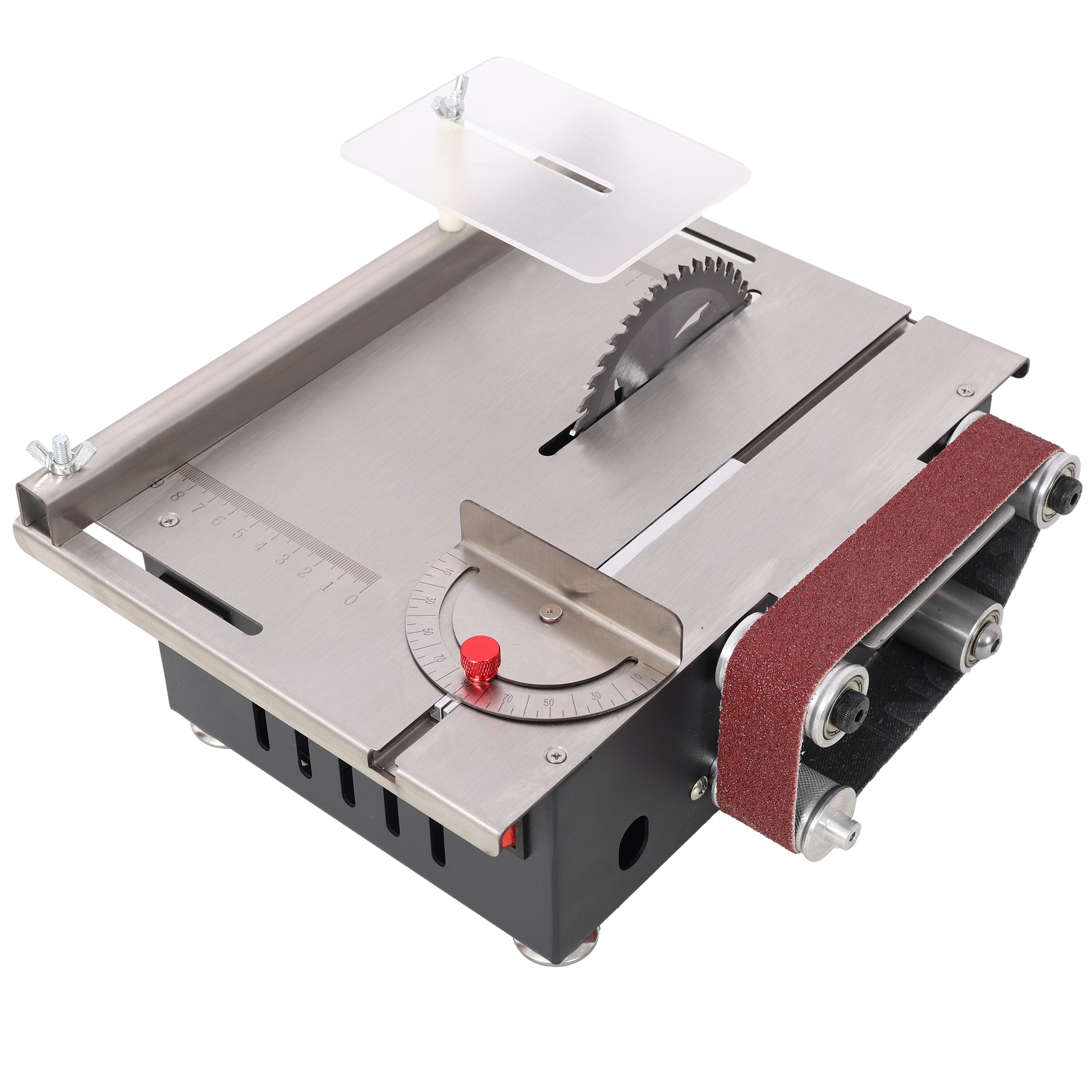 Power Drill, Mini Table Saw,Belt Sander, stainless steel top,4pcs Blades,10pcs Sanding Blet,7 Gear Adjustable 0-90° Angle, Available for Wood/PCB/Acrylic/Plastic,DIY Model Crafts Cutting Tool