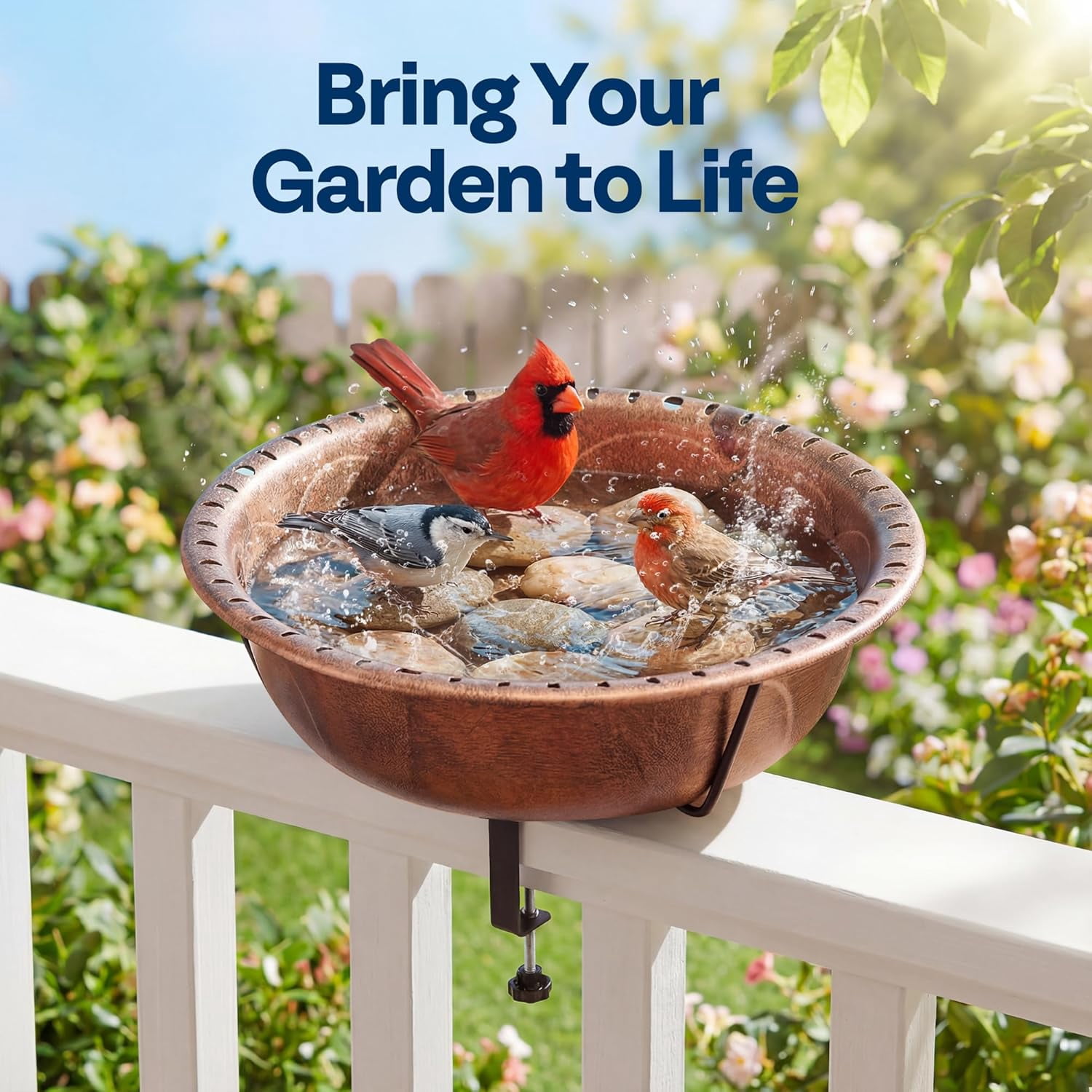 SPECSTAR Deck Mounted Bird Bath for Outside, Weather-Resistant ABS Bird Bath and Feeder with Adjustable Metal Clamp for Railing, Fence, Balcony, 1.45 Gallons, Bronze