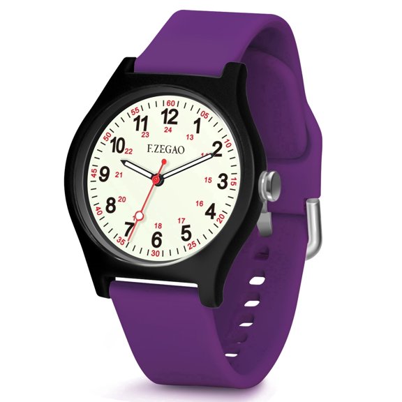 F.ZEGAO Nurse Watch with Second Hand, Nursing School Watch, 24 Hour Military Watch Women Analog Luminous, Waterproof Watches for Women Swimming, Purple