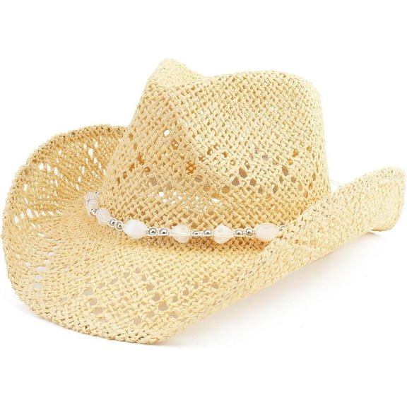 Western Cowboy hat, moldable Brim Straw Cowboy hat for Women with Beaded Heart Trim, moldable Shade Beach hat