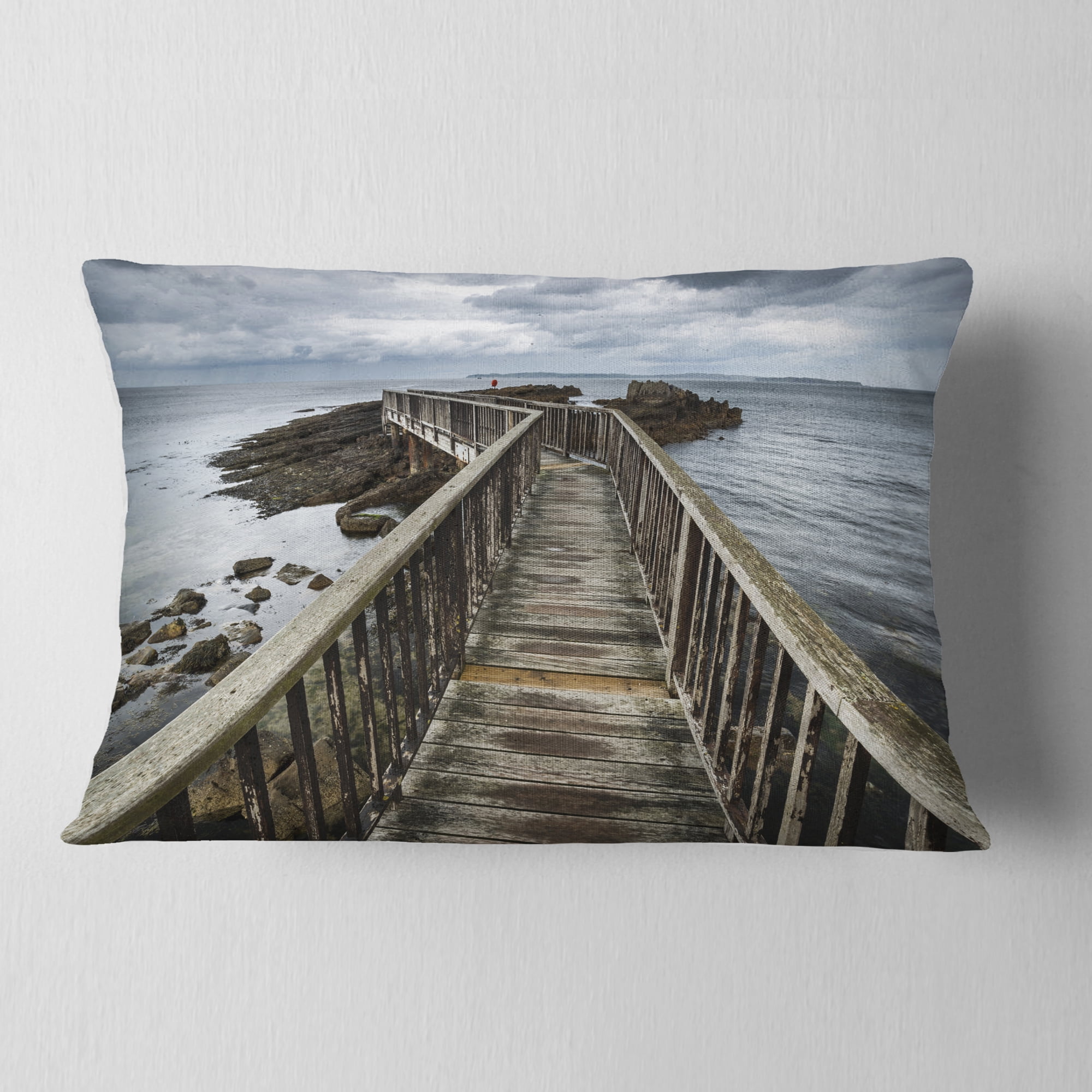 Designart Wooden Pier on North Irish Coastline - Sea Bridge Throw Pillow - 12x20