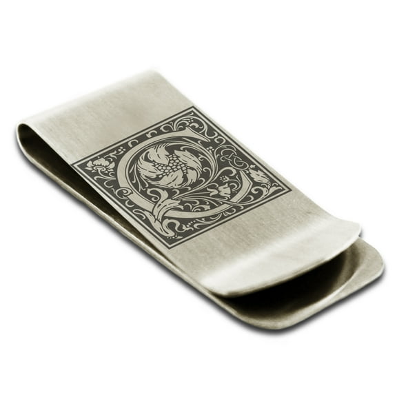Tioneer Stainless Steel Letter C Initial Floral Box Monogram Engraved Engraved Money Clip Credit Card Holder