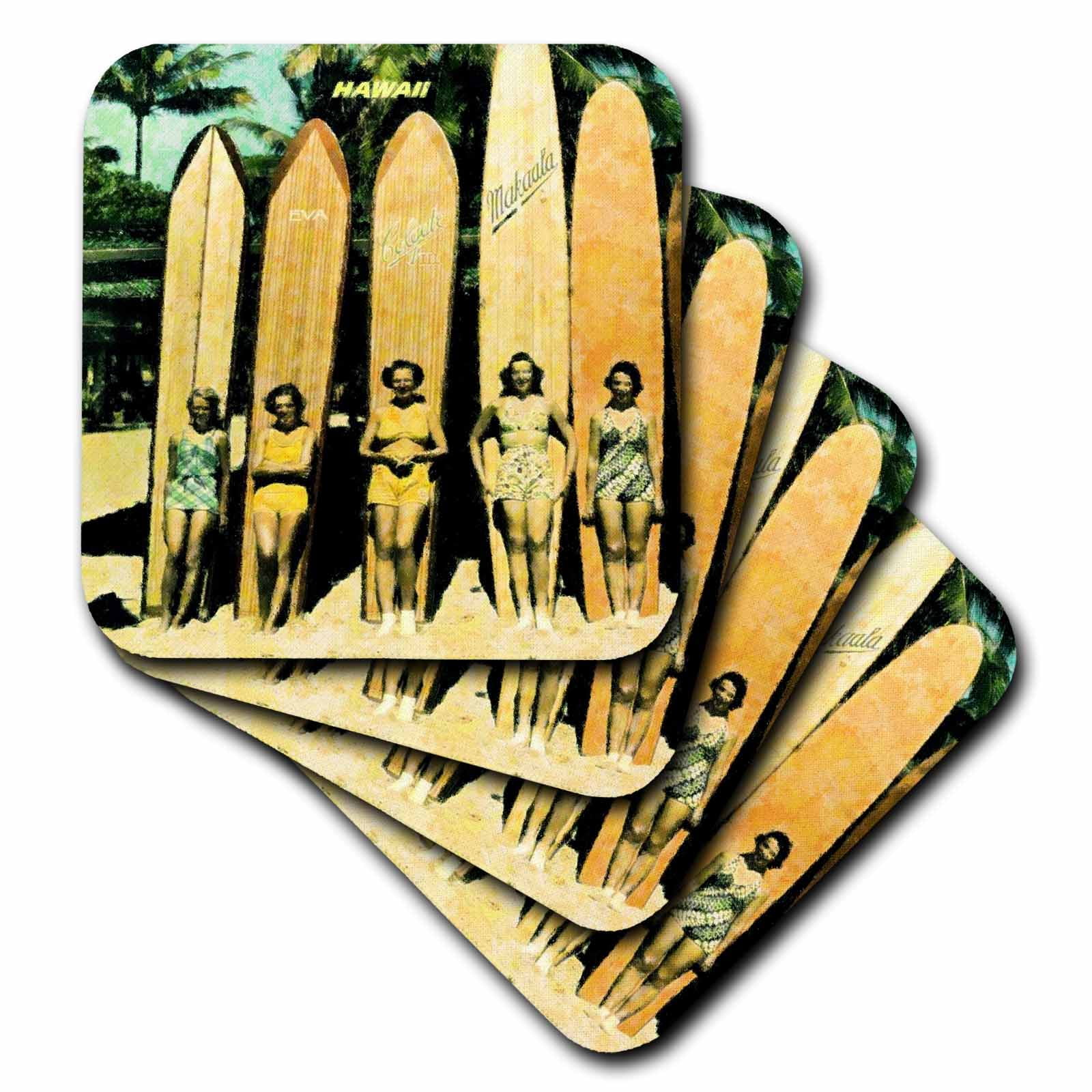 3dRose 5 Vintage Ladies In Hawaii With Surf Boards Soft Coasters, set of 8 by 3dRose