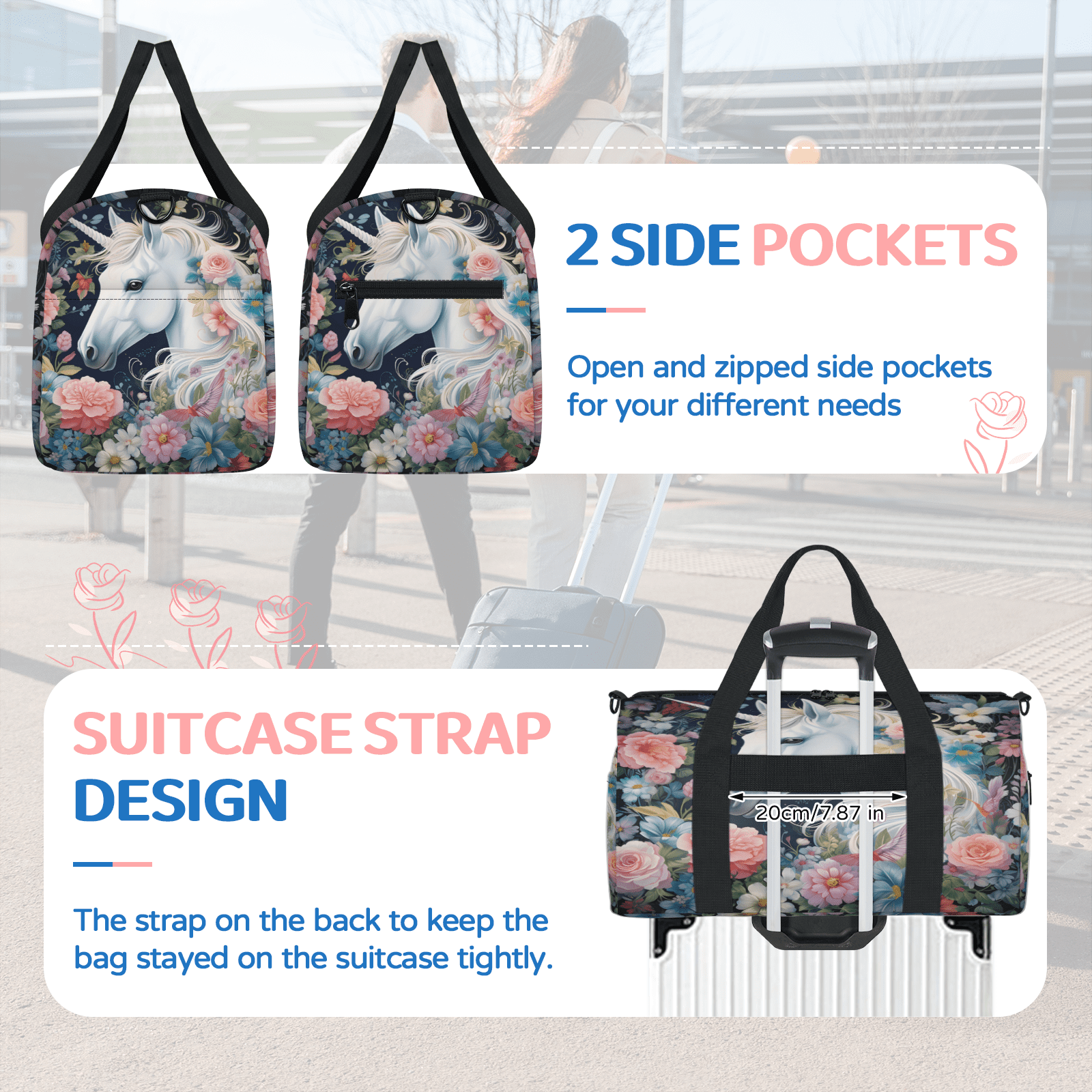 Herdesigns Unicorn Gym Bag for Women, Duffle Bag for Travel Sport, Funny Unicorn Lightweight Waterproof Carry on Weekender Dance Yoga Workout Bags