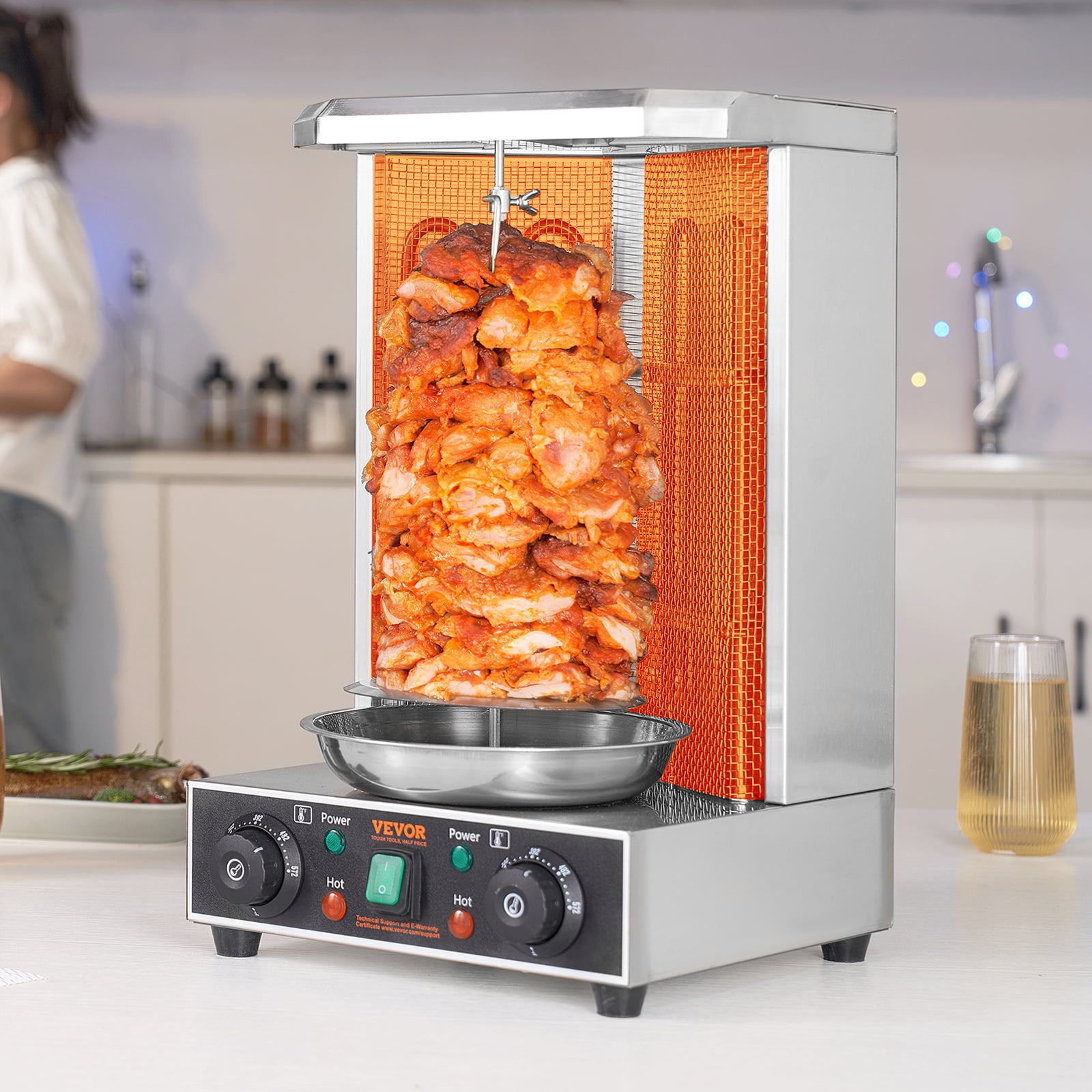 SKYSHALO Electric Vertical Chicken Grill Machine Countertop BBQ Rotisserie Stainless Steel Body with 2 Burners for Restaurant Dinner Home Kitchen