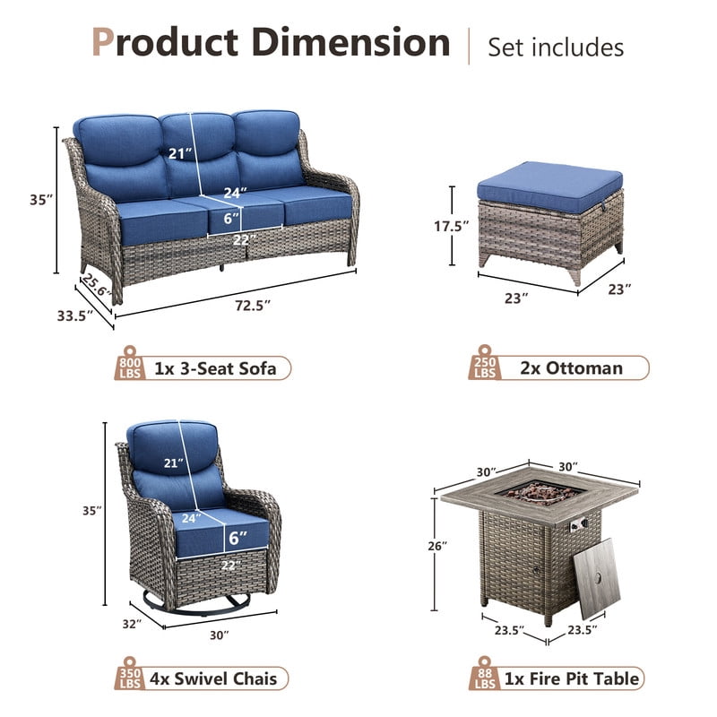 Gymojoy Patio Furniture Sets with Fire Pit Table, 8 Pieces Outdoor Patio Sofa Set with Fire Pit Table, Wicker Rattan Outdoor Conversation Set with Ottoman for Poolside, Backyard