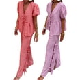 thumbnail image 3 of Yunliwuli Women Summer Pants Outfits Plaid Front Tie-Up Short Sleeve Shirts Tops Elastic Waist Long Pants 2 Pieces Clothes Set, 3 of 10