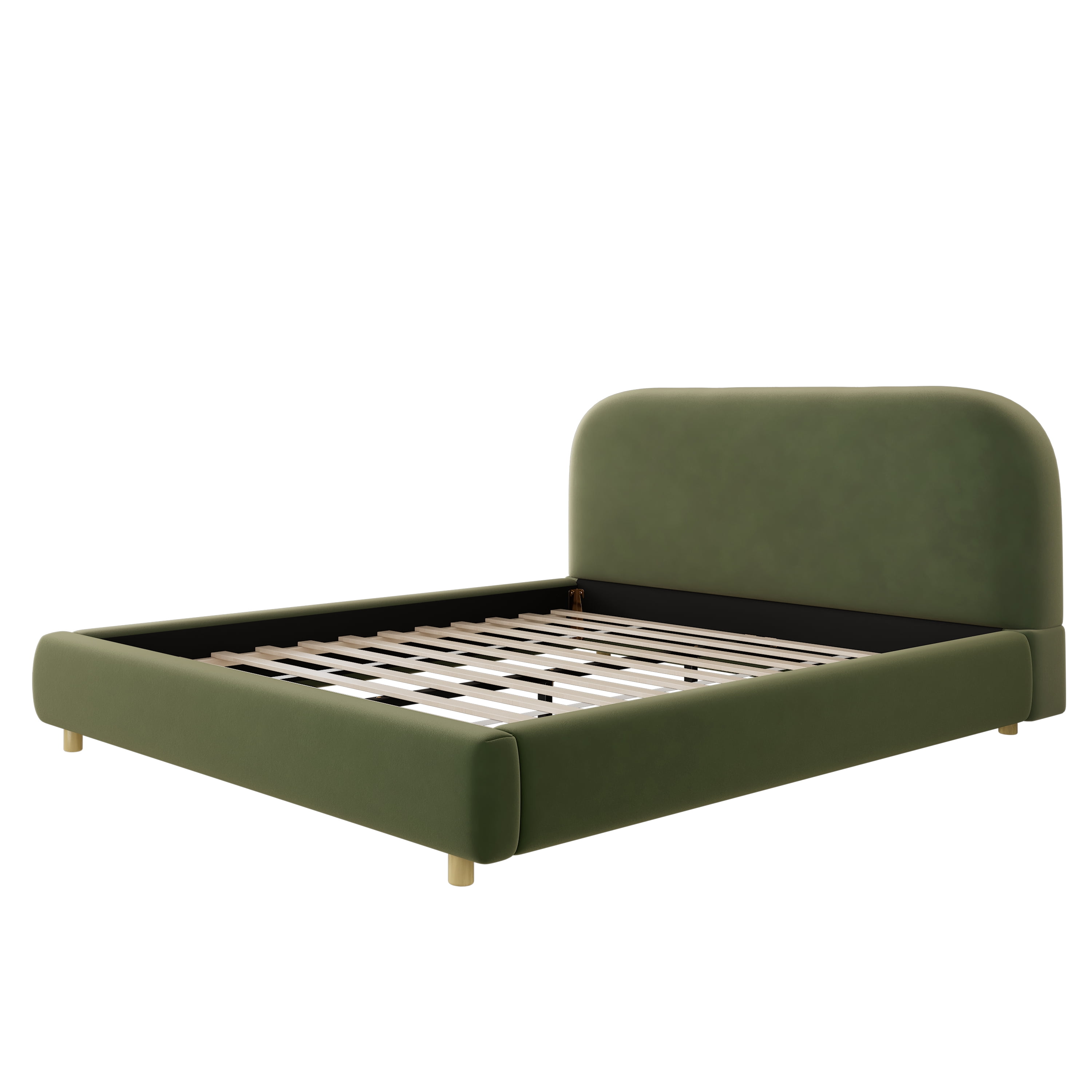 Queen Size Platform Bed with Plush Velvet Fabric, Curved Thick Padded Headboard, Upholstered Bed Frame with Wood Slats for Bedroom, Olive Green
