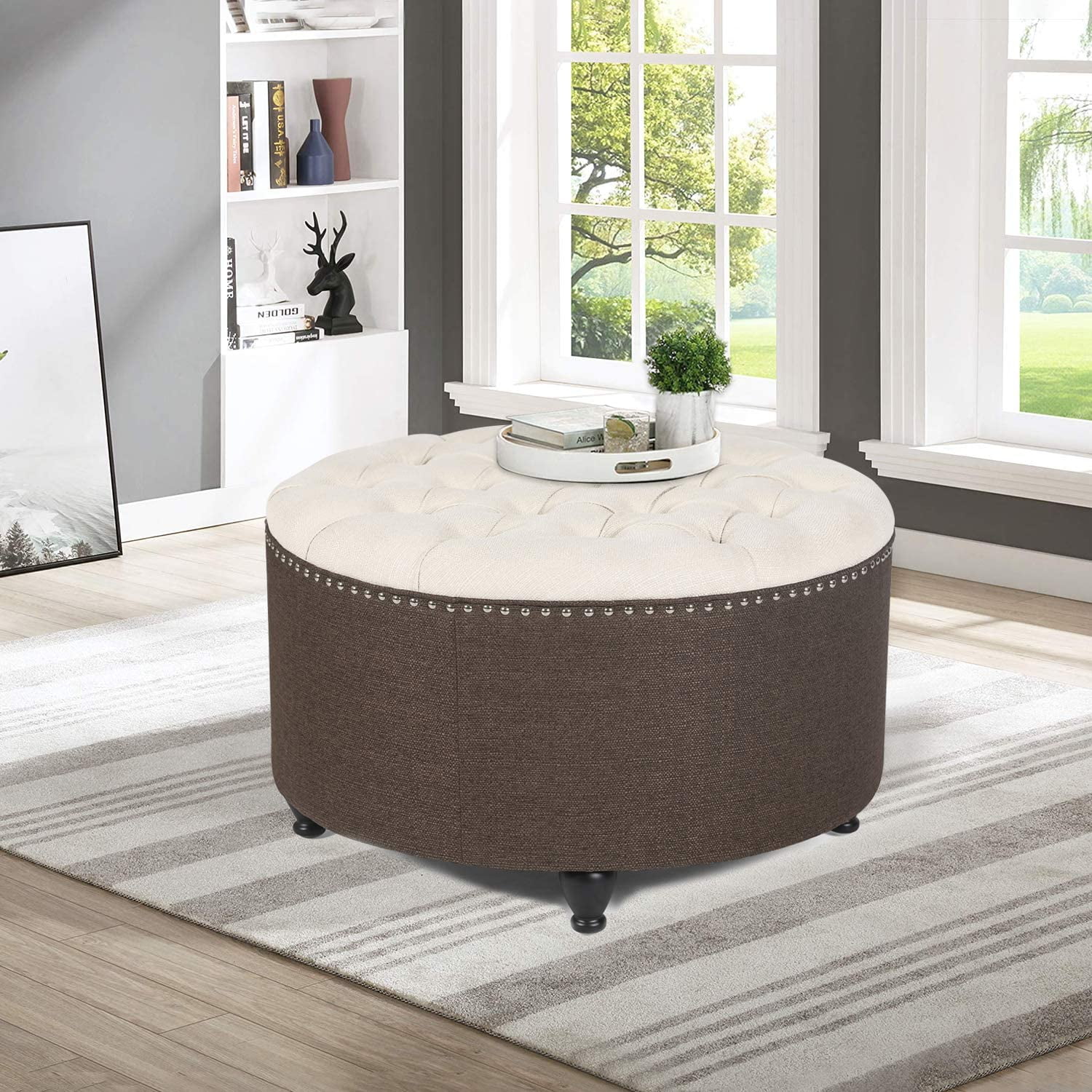 Homebeez Tufted Round Ottoman 28” Linen Upholstered Coffee Table