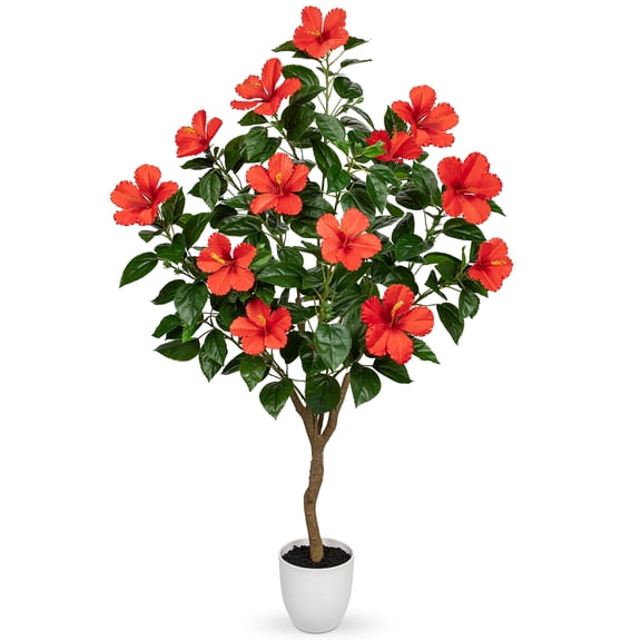 Briful 4ft Artificial Hibiscus Flowers Tree Real Touch Red Silk Flowers Potted Faux Tropical Plants of Florida for Front Porch Outdoor Home Patio Decor