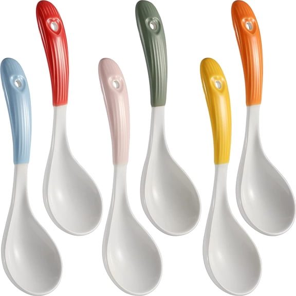 ABCISI Ceramic Soup Spoons Set of 6, Asian Soup Spoon with Colorful Handles, Porcelain Chinese Ramen Soup Spoons for Pho Miso Cereal Stews Wonton Dumpling (Different Colors)