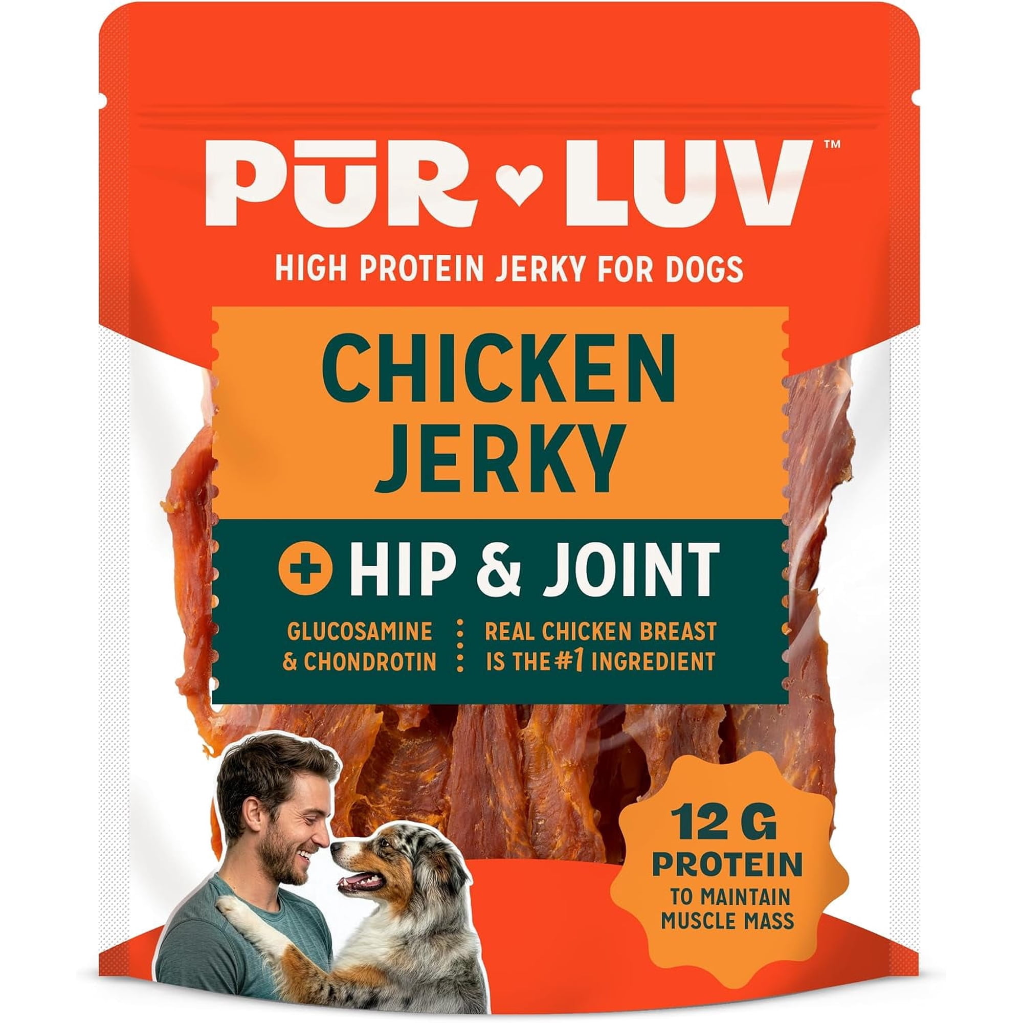 Pur Luv Chicken Jerky Dog Treats with Hip & Joint Support, High Protein Natural Dog Treats, Made with Glucosamine & Chondroitin for Joint Health & Mobility, Delicious Chicken Flavor, 12 oz
