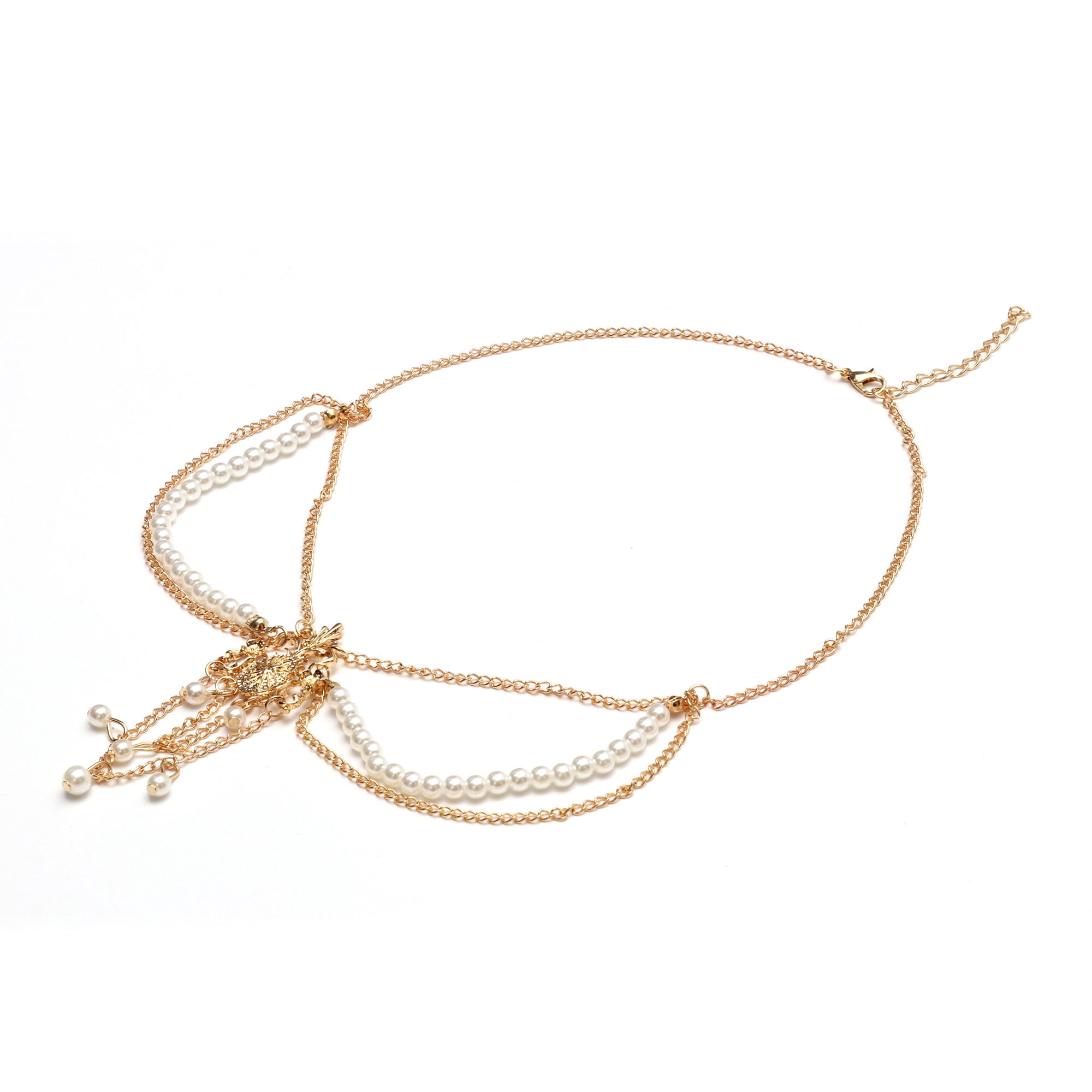 Unique Bargains Headpiece Vintage Rhinestone Faux Pearls Head Chain Gold Tone 1 Pc