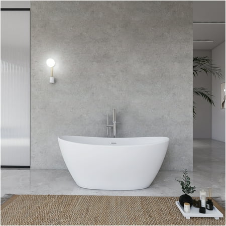 JERFIT 61" Modern Freestanding Soaking Bathtub, Matte White Solid Surface, Deep Soak Tub for Bathroom