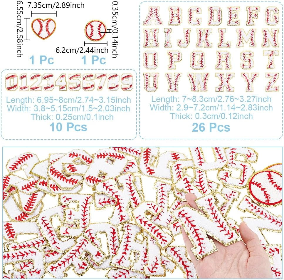 38 pcs Letter Patches Ball Softball Patches Iron on Letter Chenille Patches Gold Baseball Style Embroidered Patches for Clothes Backpack Hats Shirt Jeans DIY Accessories