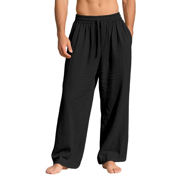 Men’s Linen Wide Leg Pants Elastic Waist Drawstring | Lightweight Breathable, Loose Fit Full Length Trousers, Big and Tall, Casual Summer Beach Daily Wear, XL