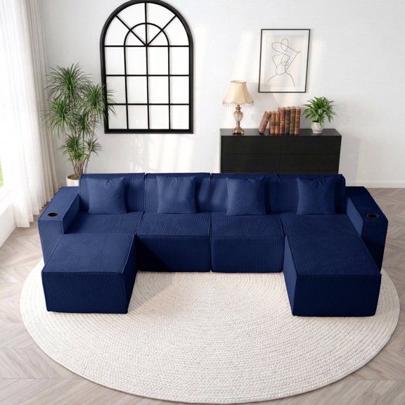 133" Boneless Couch, Blue Modular Sectional Sofa for Living Room, U-Shaped Sofa with Cup Holder and Side Pockets, No Assembly Required
