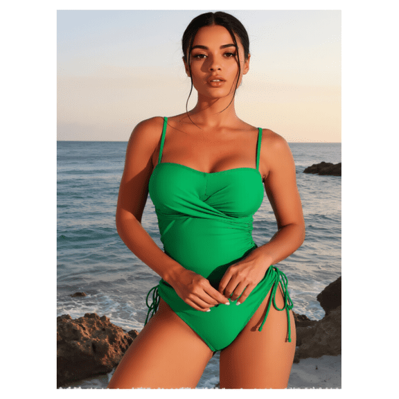 Women's Tankini Two Piece Swimsuit Green Solid Color Tie Back Bathing Suit Top with High Waisted Bottoms; Modest Swimwear for Women; Summer Beach Pool Vacation