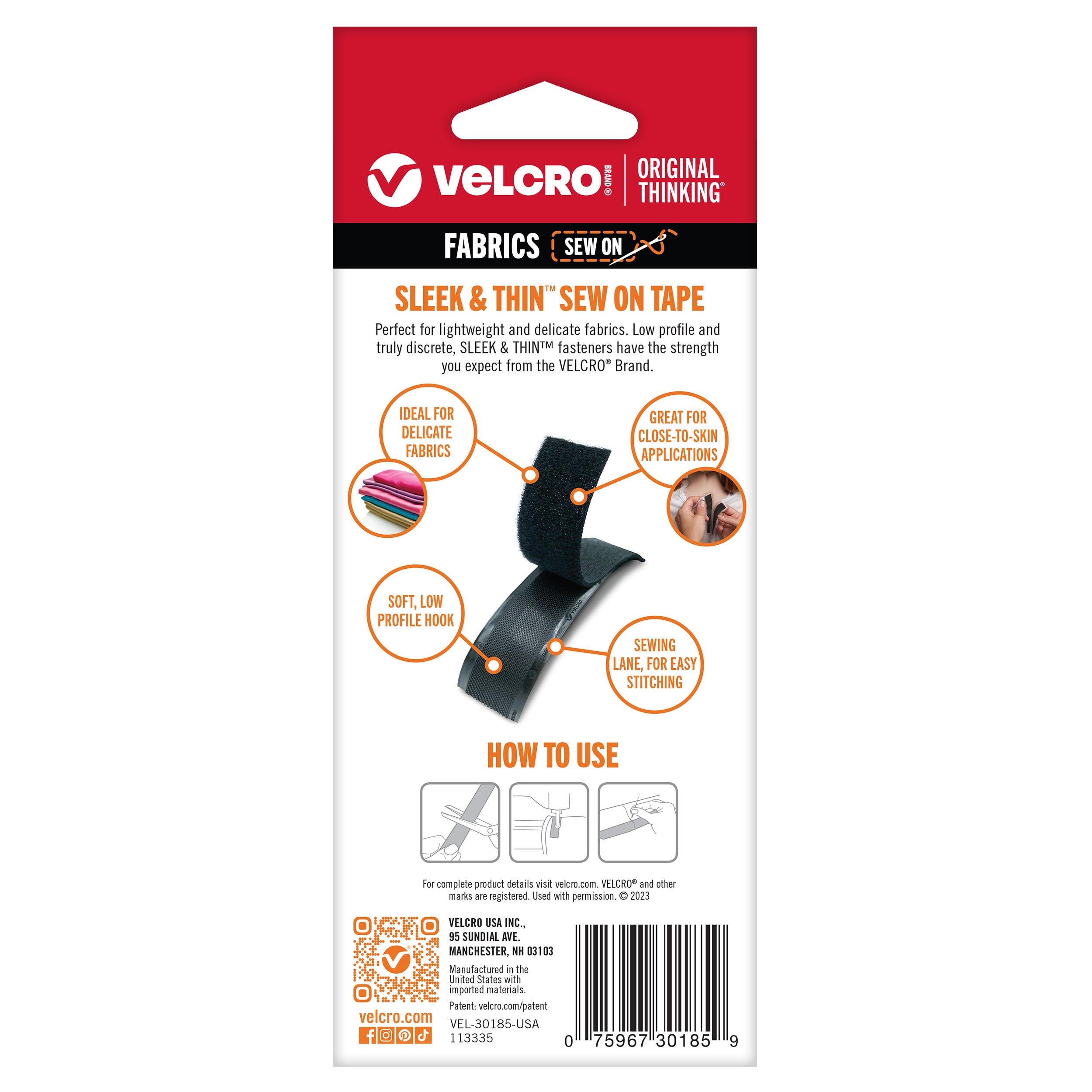VELCRO Brand SLEEK & THIN™ - Sew On for Fabrics | 6ft x 3/4in Tape, Black | Soft on Skin Ultra Light with Sewing Lane Technology
