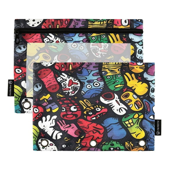 2 Pack Pencil Bag 9.84x6.1 Inch 3-Ring Page Turning Folder Zipper Pencil Case Pencil Bag Page Turning File BagCartoon Monster