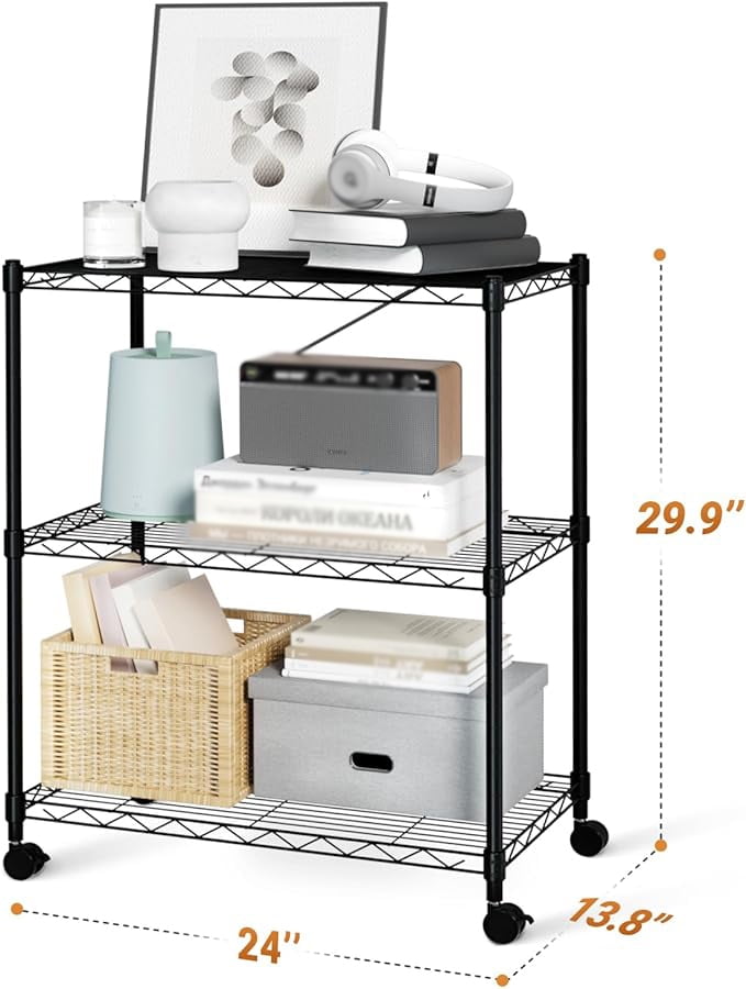 3-Shelf Wire Storage Shelves with Wheels,Adjustable Storage Units,Steel Organizer Wire Rack,Black