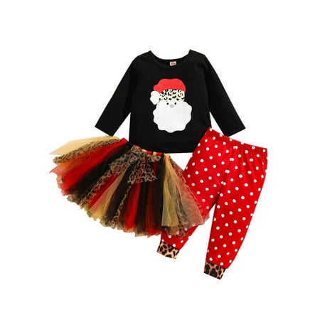 

TheFound Toddler Baby Girl Christmas Outfit Santa Claus T-Shirt Tops+Polka Dot Leggings Pants+Tutu Skirt Set 3Pcs Xmas Clothes
