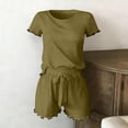 thumbnail image 6 of DYTTDG Women's Silk Short Sleeve Pajama Set | 2-Piece Ruffle Hem Top & Drawstring Shorts with Side Pocket, Solid Color Loungewear for Summer, 6 of 7