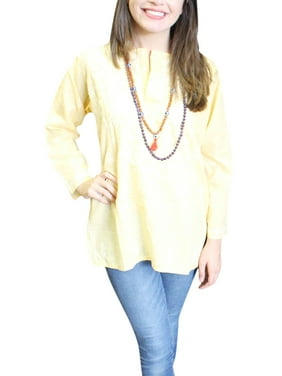 Mogul Women's Yellow Tunic Top Embroidered Cotton Kurta Blouse M