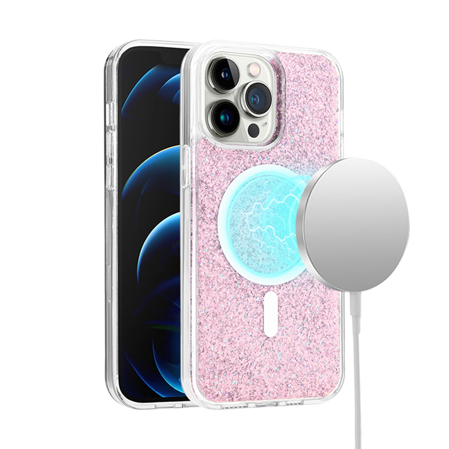 BEZ Glitzerhülle Für IPhone 15 Pro Max – MagSafe-kompatibel, Funkelnde Diamanten In Flamingo Rosa