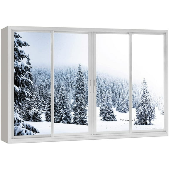 wall26 Canvas Print Wall Art Window View Winter Wonderland Snowy Pine Tree Forest Wilderness Nature Photography Realism Scenic Landscape Colorful Multicolor for Living Room, Bedroom, Office - 24"