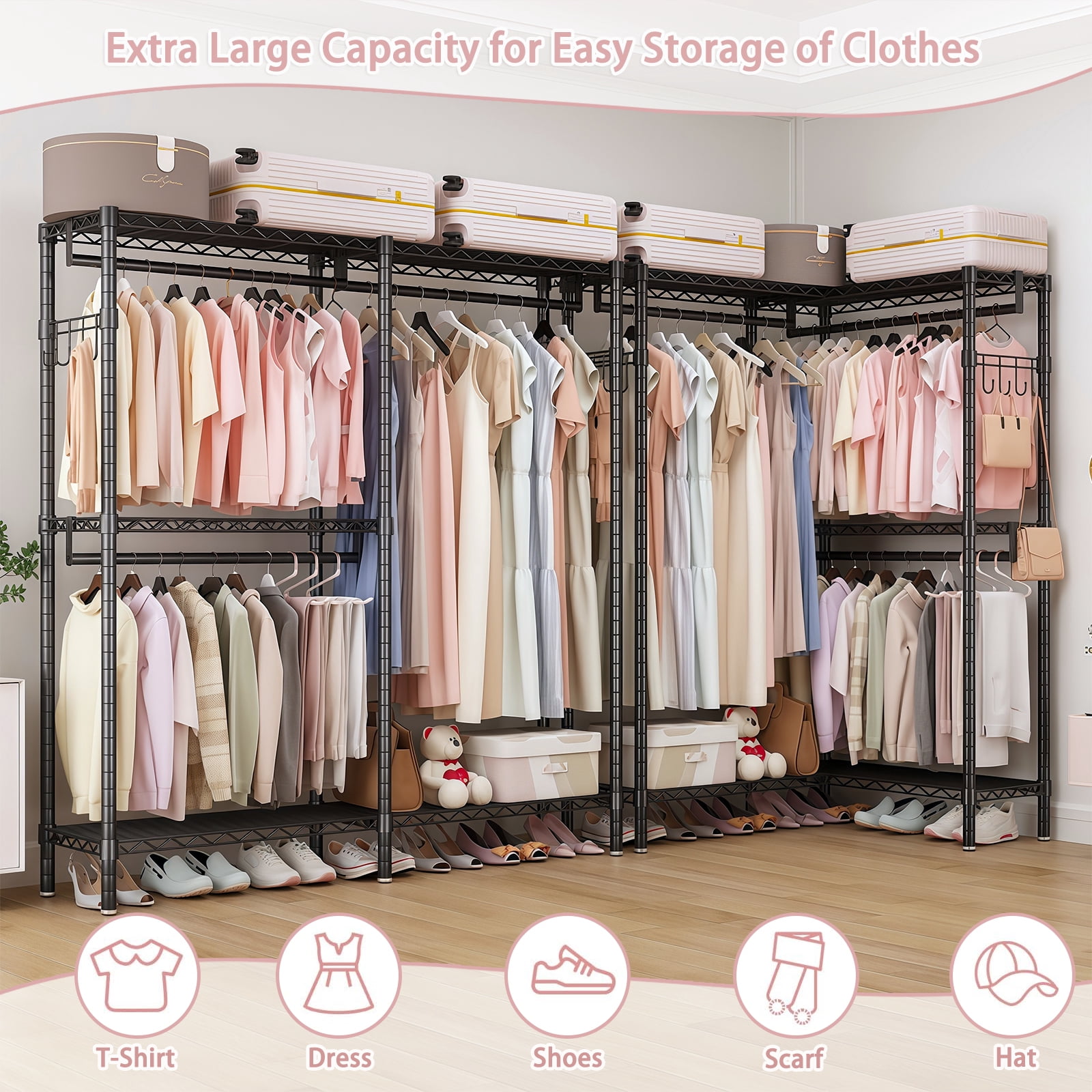 L-Shaped Corner Garment Rack, Heavy Duty Carbon Steel Clothing Rack with 3 Hanging Rods, 5 Shelves & Side Hooks, Adjustable Freestanding Clothes Organizer