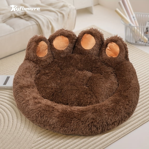 Cute Bear Paw Donut Pet Bed | Warm Plush Round Mattress | w/Scarf for Dogs & Cats