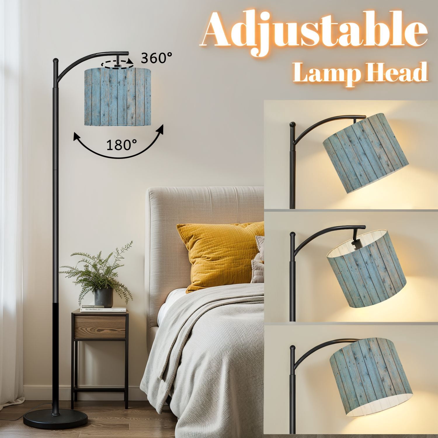 Arc Floor Lamp with Adjustable Lampshade Light old boards Wooden light wood Advertising Standing Lamp 3 Color Temperatures Dimmable Tall Pole Lamp with Foot Switch for Bedroom
