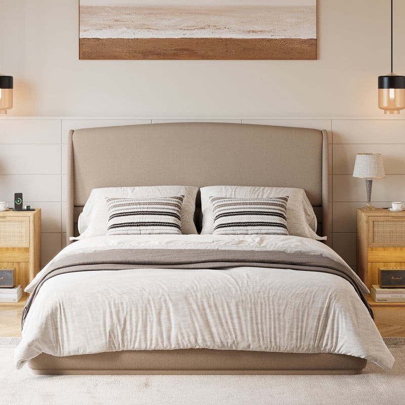 Queen Size Linen Upholstered Bed Frame with Padded High Headboard, Low-Profile Platform Bed with No Box Spring Needed