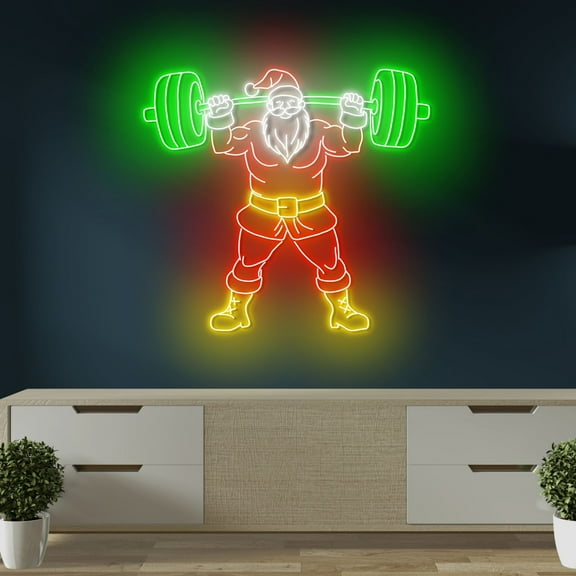 Craftnamesign Santa Weightlifting Neon Sign, Christmas Gym Wall Art, Santa Lifting Led Light
