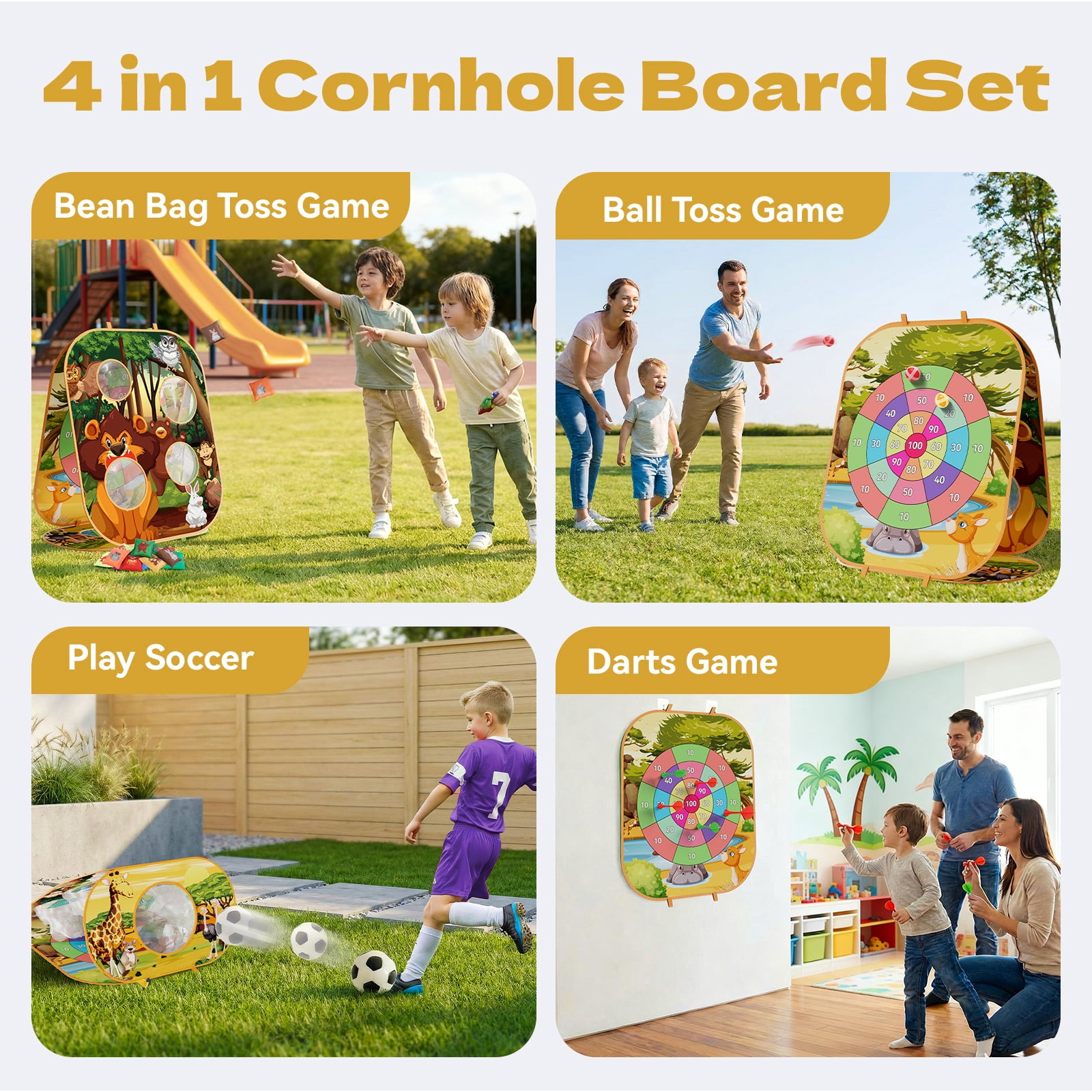KNMDU 4-in-1 Cornhole Board Set with Bean Bag Toss, Soccer Goal, Safe Darts and Throwing Ball for Kids Ages 3-8