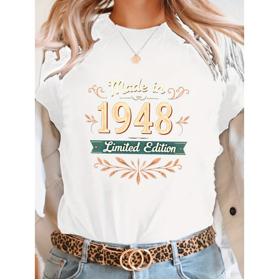 Women Crew Neck Vintage Made In 1948 Graphic Print Short Sleeve Casual T-Shirt for Spring Summer