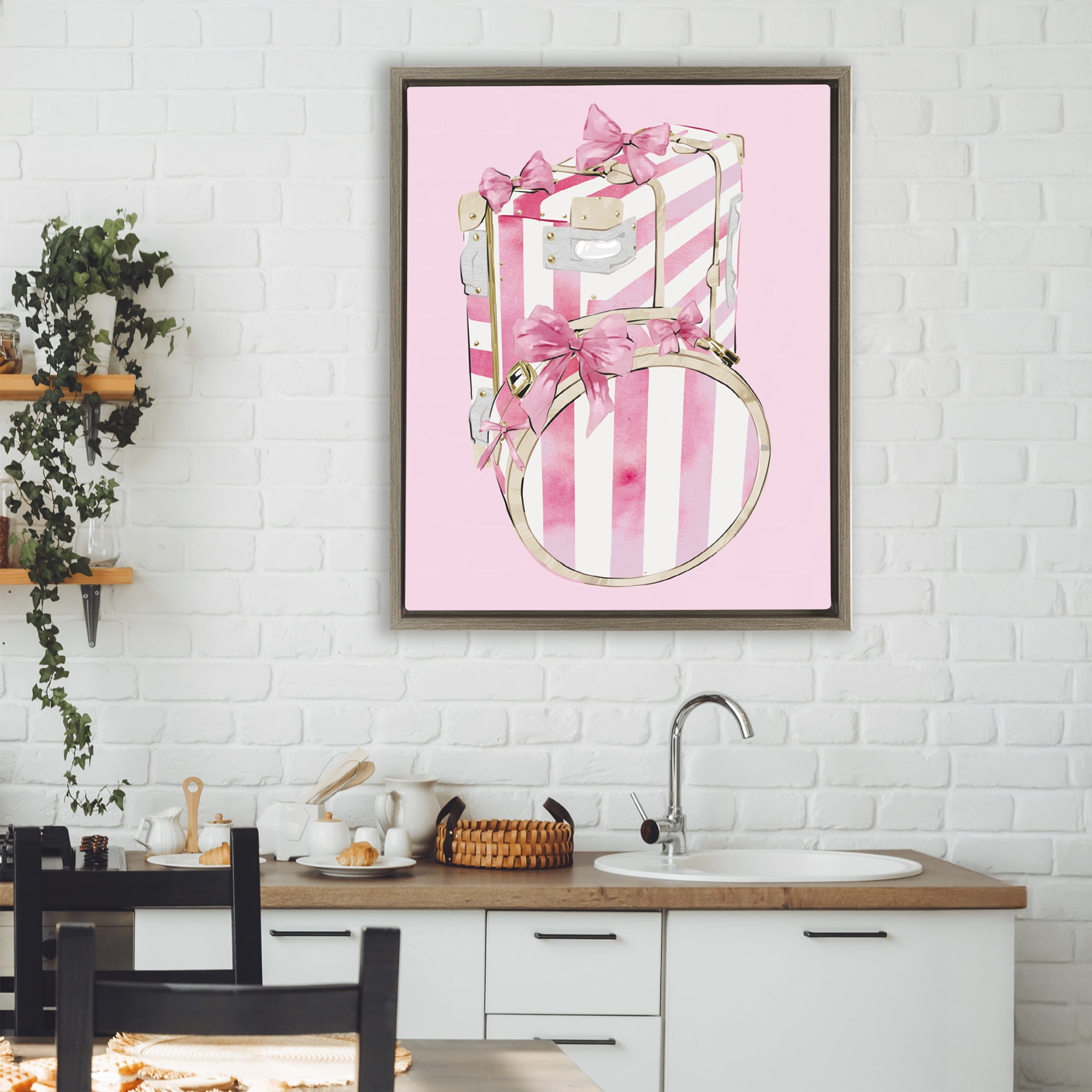 Pastel Stripe Luggage Brown Framed Floater Canvas Wall Art, design by Ziwei Li