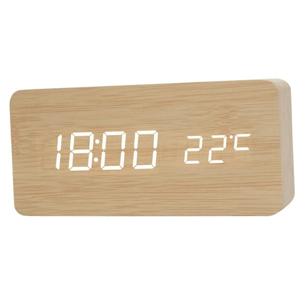 Reloj despertador digital con pantalla LED y termómetro de madera, funciona con pilas o con USB para dormitorio. Beige