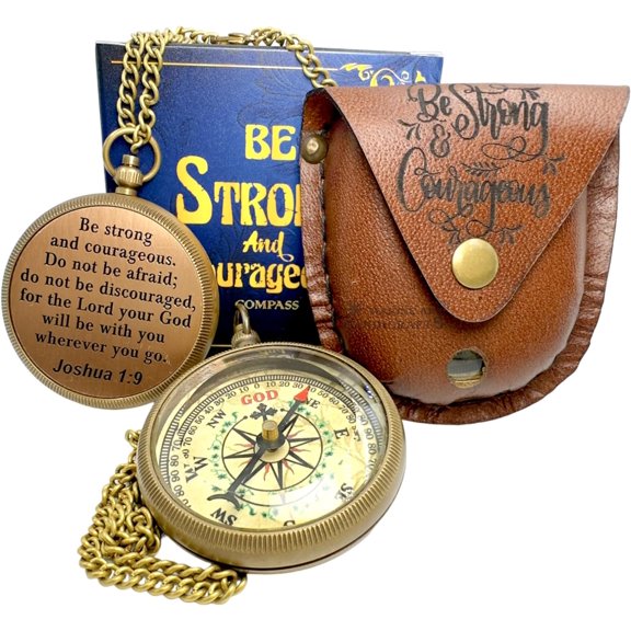 Be Strong and Courageous, Brass Compass for Religious Gifts, Xmas Gifts, Confirmation Gifts, Baptism Gifts, Best Easter, Christian Gifts for Men, Catholic Gifts, Graduation, Trekking, Adventure.