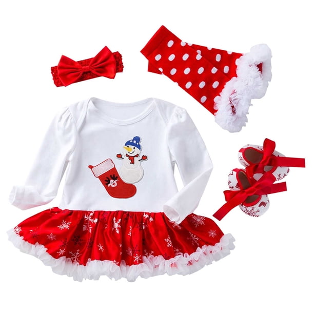 Odeerbi 0-2 Años Niñas Trajes de Navidad Canastilla Conjunto de Algodón Tul Tutu Vestido de Manga Larga Con Calcetines Largos Cinta Para La Cabeza Zapatos Cuatro Piezas