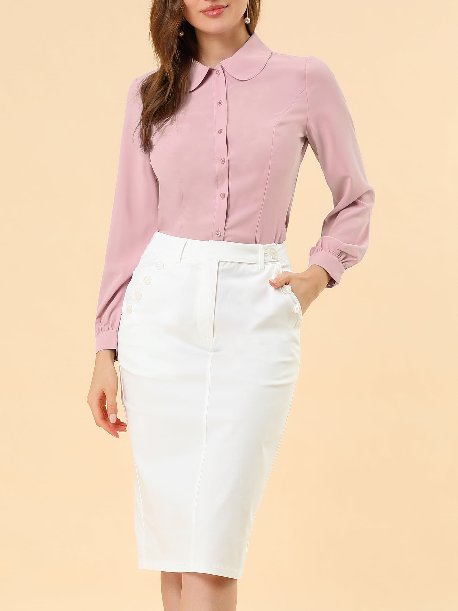 DARING DIVA Women's Peter Pan Collar Long Sleeve Work Office Shirt M Pink