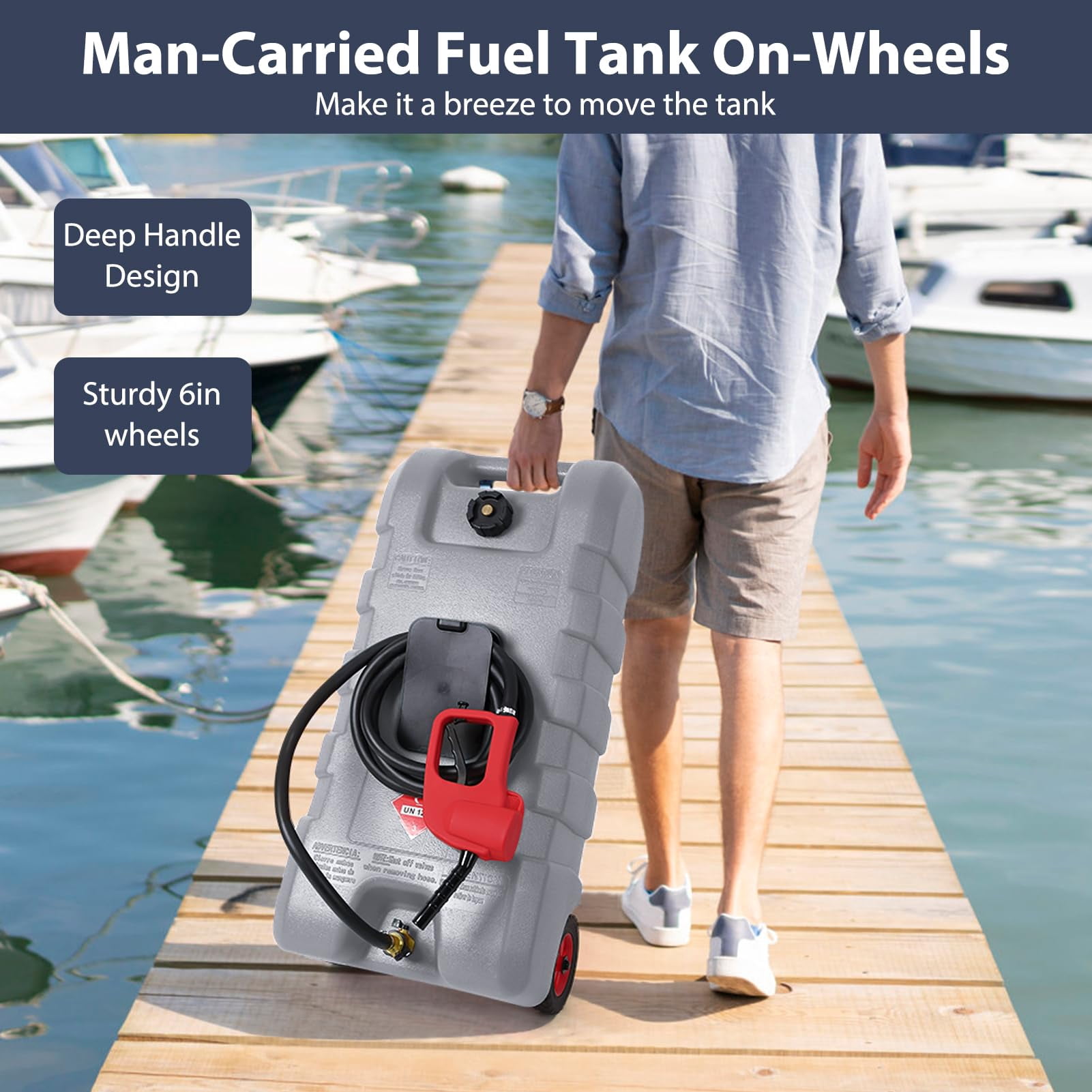 15 Gallon/57L Portable Gas Fuel Tank Container with LE Manual Siphon Pump & 10FT Hose for Cars, Lawn Mowers, ATVs, Boats