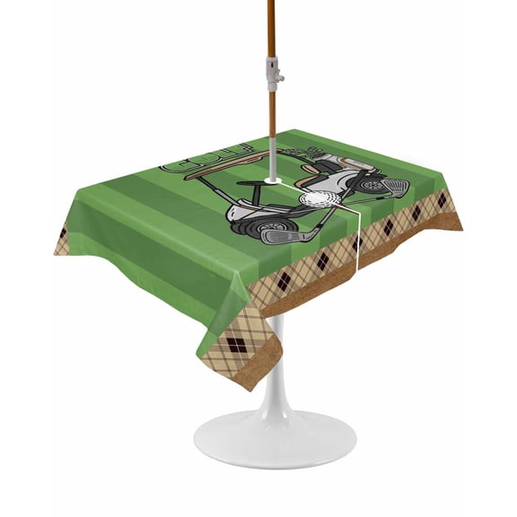 Outdoor Table Cloth with Umbrella Hole and Zipper, Golf Balls Waterproof Rectangle Tablecloth 52"x70", Green Sports Art Truck Brown Lattice Washable Table Cover for Outside Party Patio Picnic
