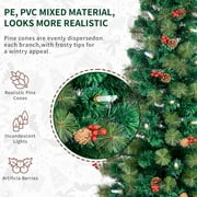6.5FT Green Christmas Tree, Pre-Lit Artificial Xmas Tree with Colorful Candle Lights, Hinged Quick DIY Design, Pinecone and Berry Decoration