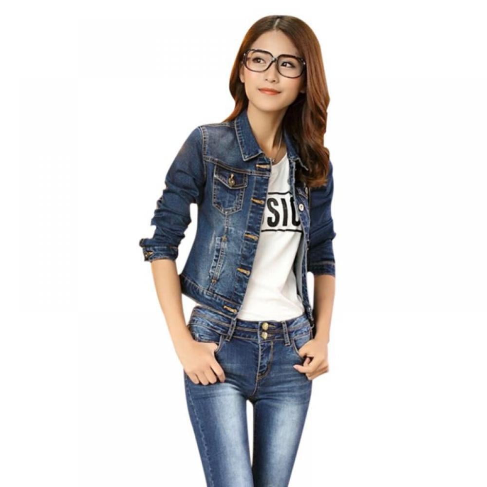 KUSUOU Womens Button Down Long Sleeves Casual Frayed Hem Ripped Cropped Denim Jean Jacket