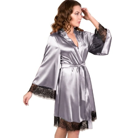 

OVTICZA Women s Kimono Lace Short Bridesmaid Robe Loungewear Satin Long Sleeve Bathrobe Bride Party Robes Silky Sleepwear Gray XL