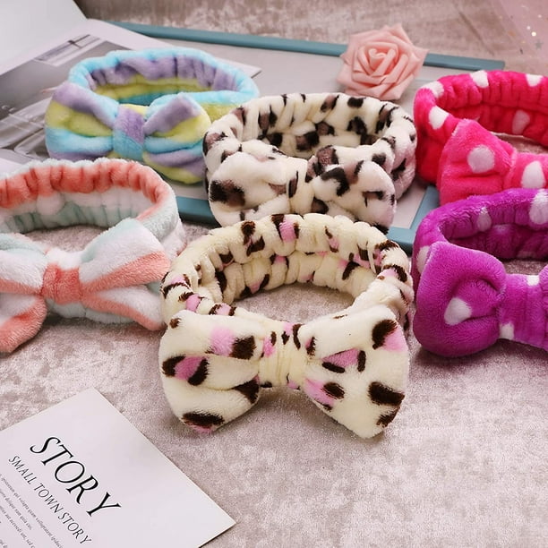 Makeup Headband, 6 Pcs Microfiber Soft Fuzzy Spa Headband for Washing Face,  Cosmetic Facial Shower Head Wraps, Cute Colorful Bow Hair Band for Women  and Girls 